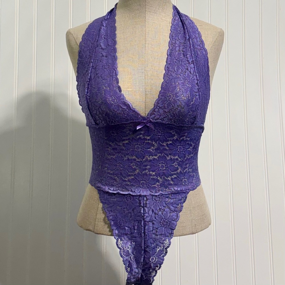 Vintage Victorias Secret 2002 Purple Lace Halter Teddy Bodysuit Y2K Whimsigoth